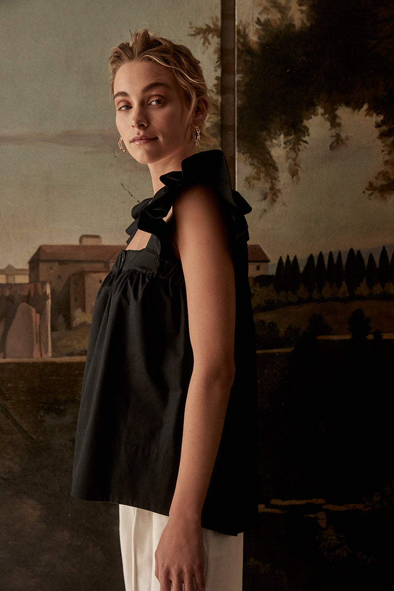 POETx Cotton poplin top with ruffled shoulder straps and an elastic paper bag chest band.