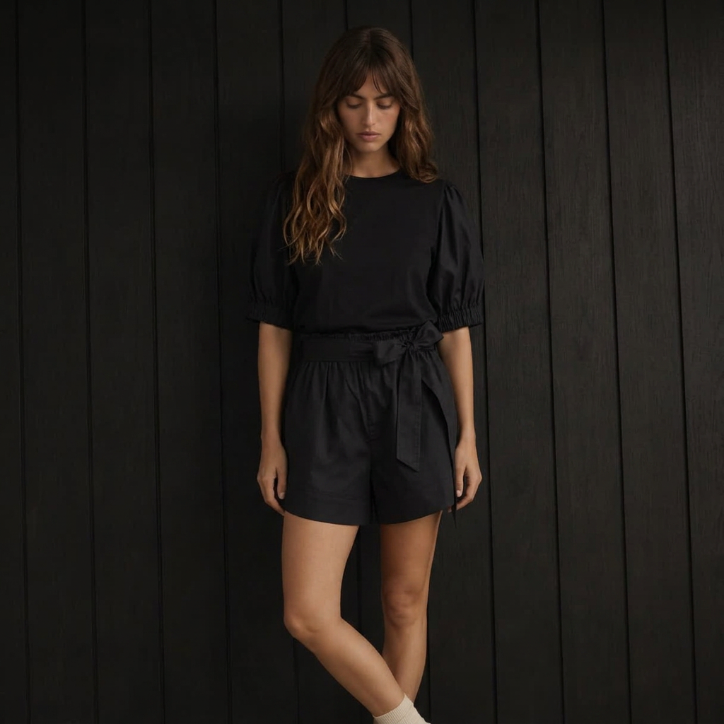 A woman wearing a black puff-sleeve top and matching black shorts with a tie waist, standing against a dark wood-paneled background.