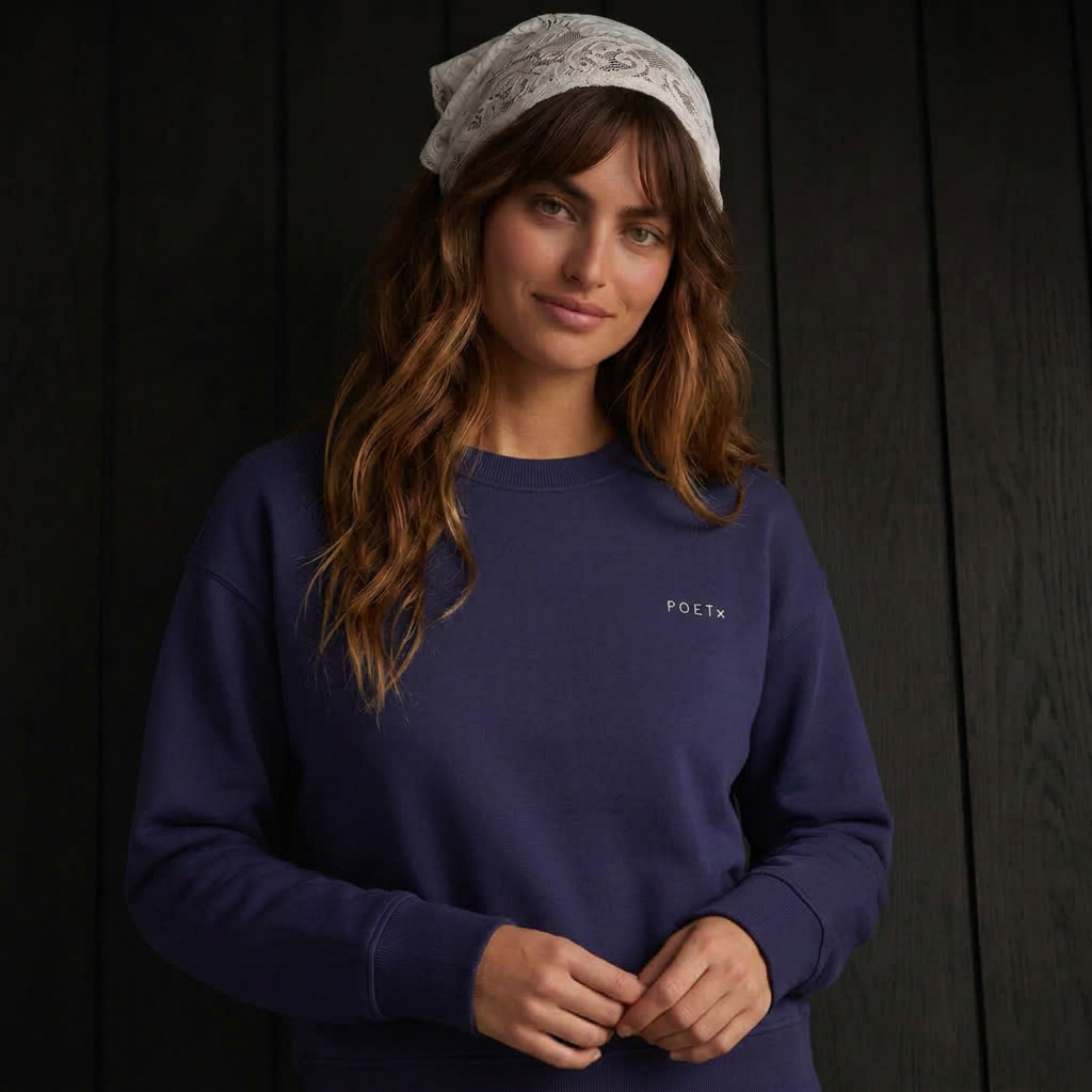 Close-up front view of the Ink Rilke Zig Zag Sweatshirt in 100% organic cotton.
