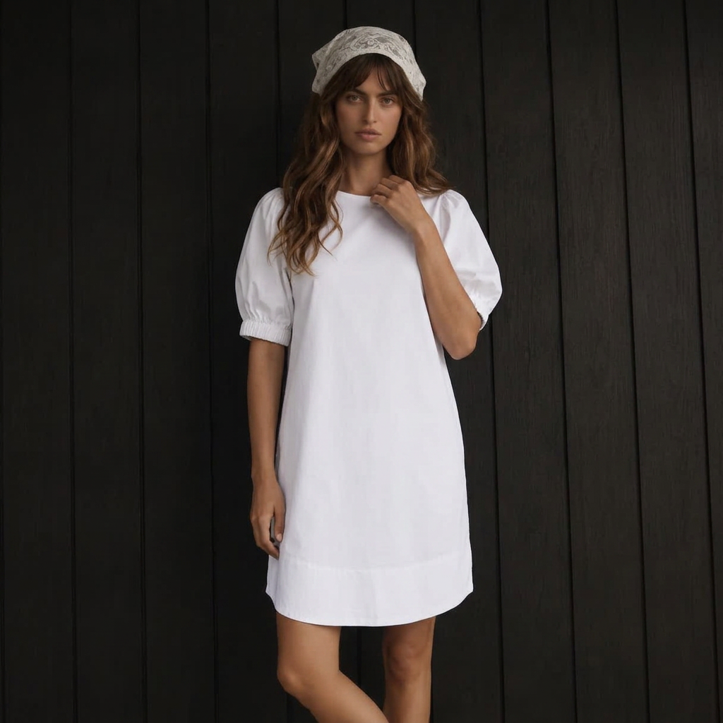 A woman wearing a white short-sleeve puff-sleeve mini dress and a light beige lace headband, standing against a dark wood-paneled background.