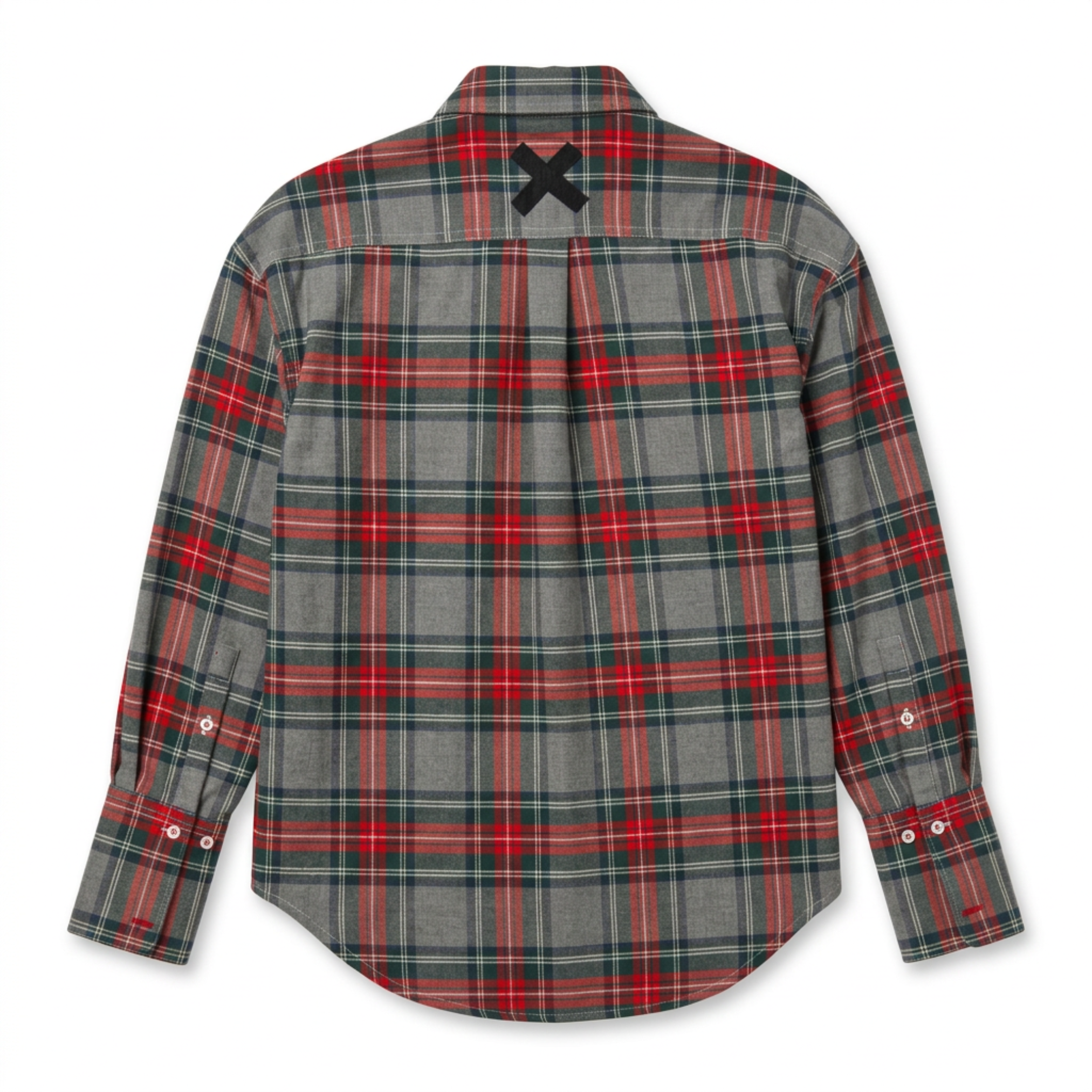POETx brushed twill tuxedo shirt in grey, red and green  plaid.