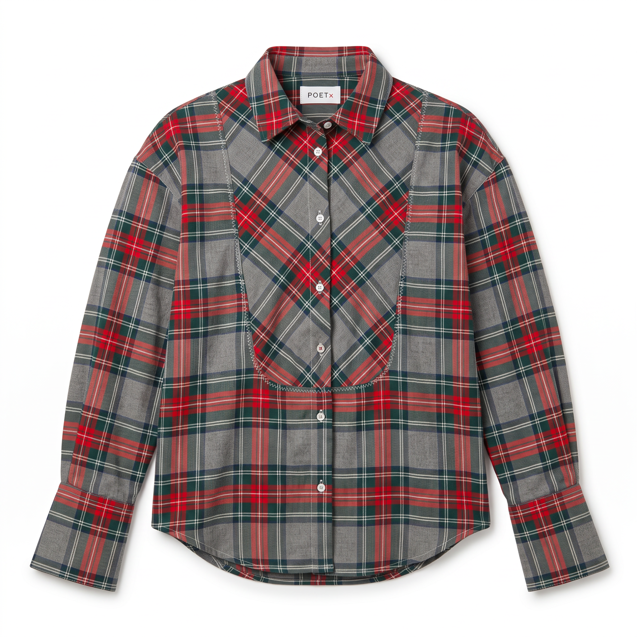POETx brushed twill tuxedo shirt in grey, red and green  plaid.