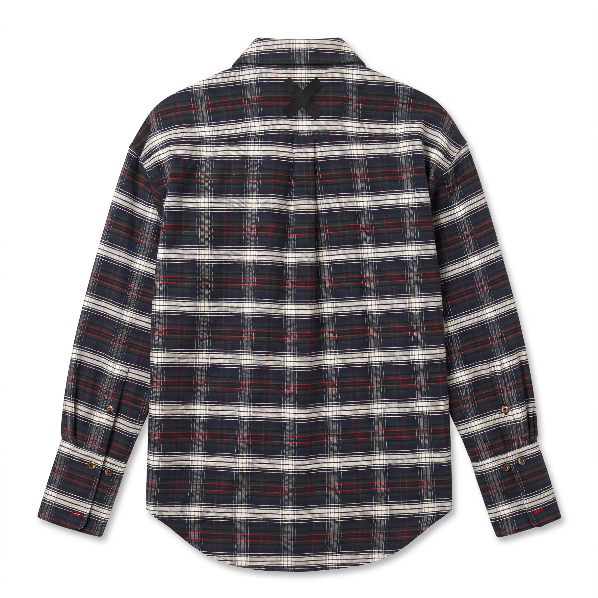 POETx brushed twill tuxedo shirt in navy, red, green and cream plaid.