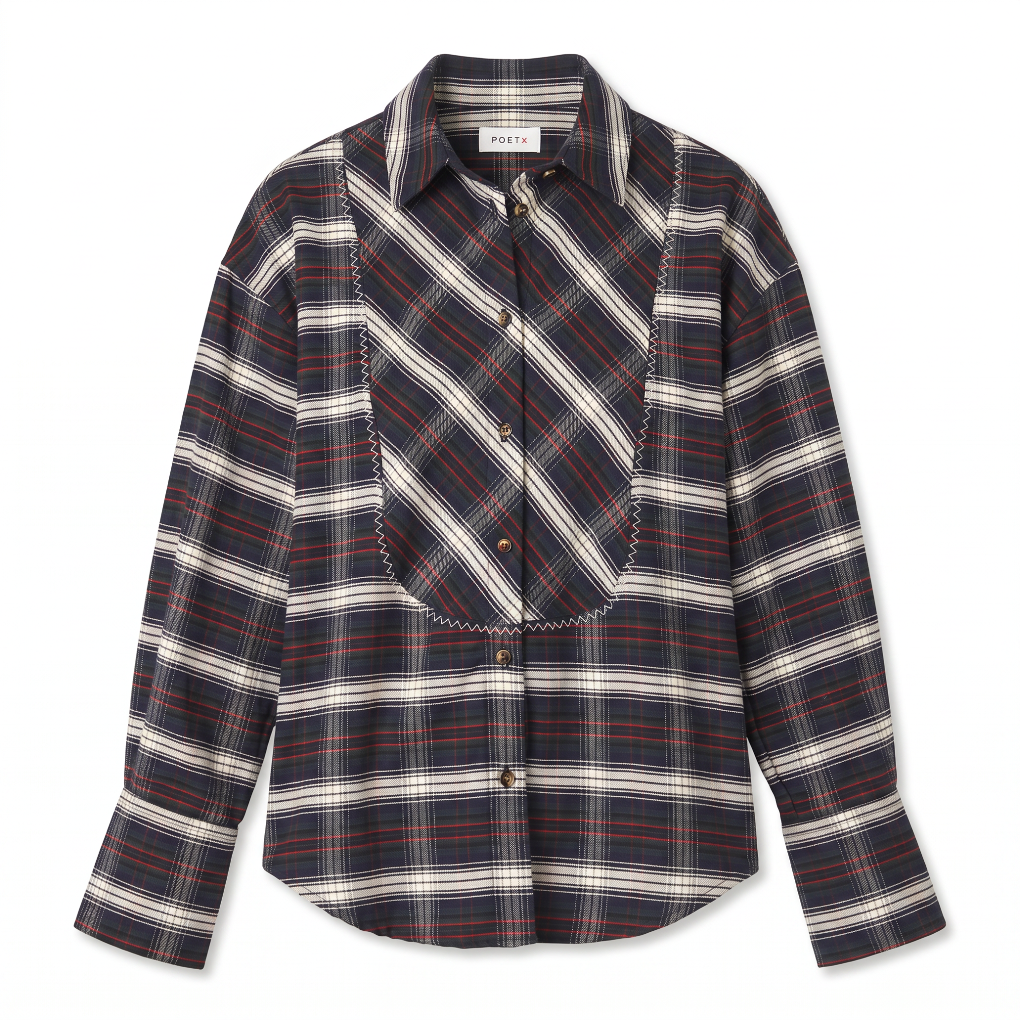 POETx brushed twill tuxedo shirt in navy, red, green and cream plaid.