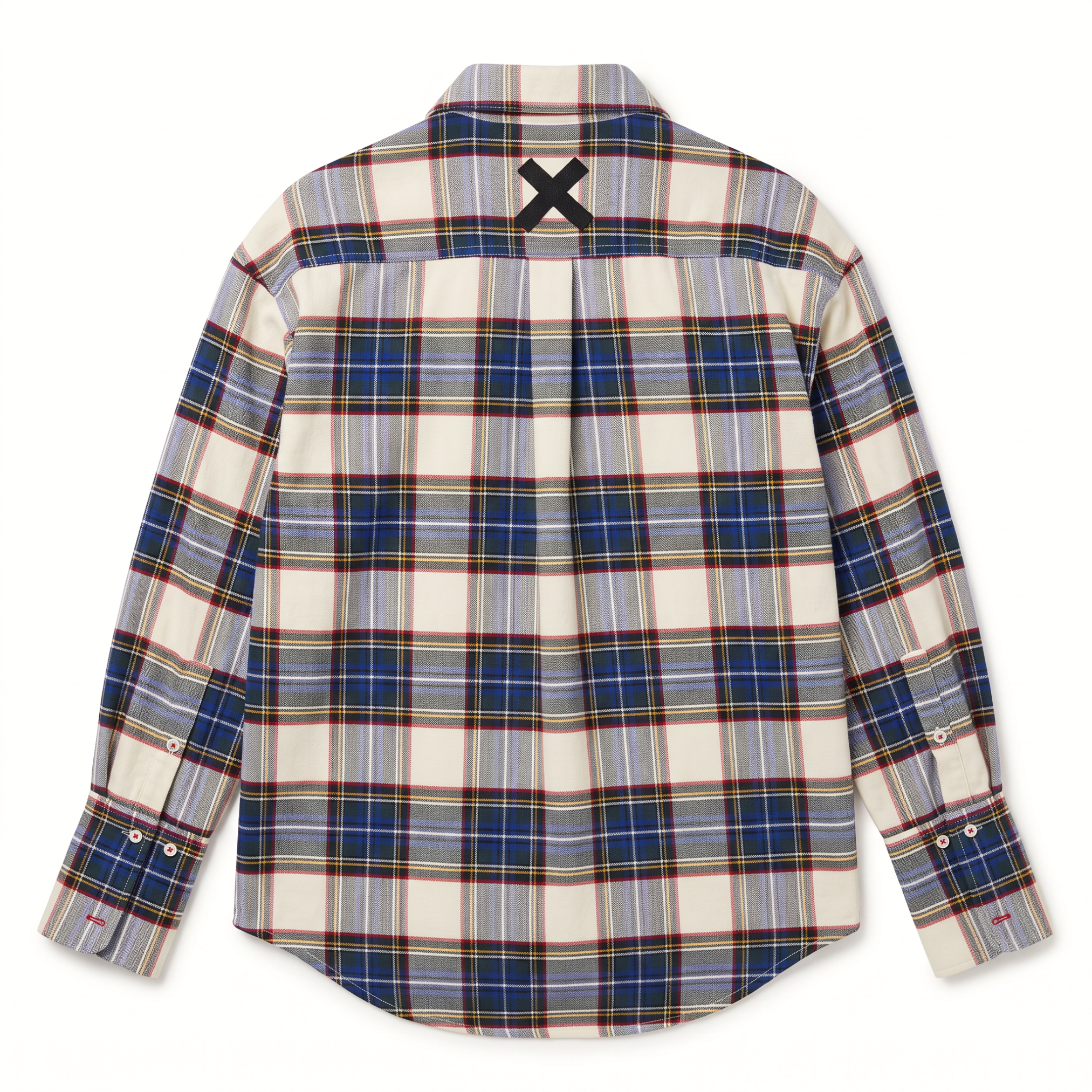 POETx brushed twill tuxedo shirt in cream, royal blue, red and yellow plaid.