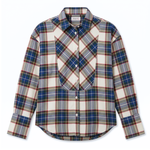 POETx brushed twill tuxedo shirt in cream, royal blue, red and yellow plaid.