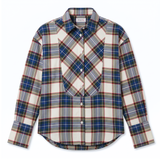 POETx brushed twill tuxedo shirt in cream, royal blue, red and yellow plaid.