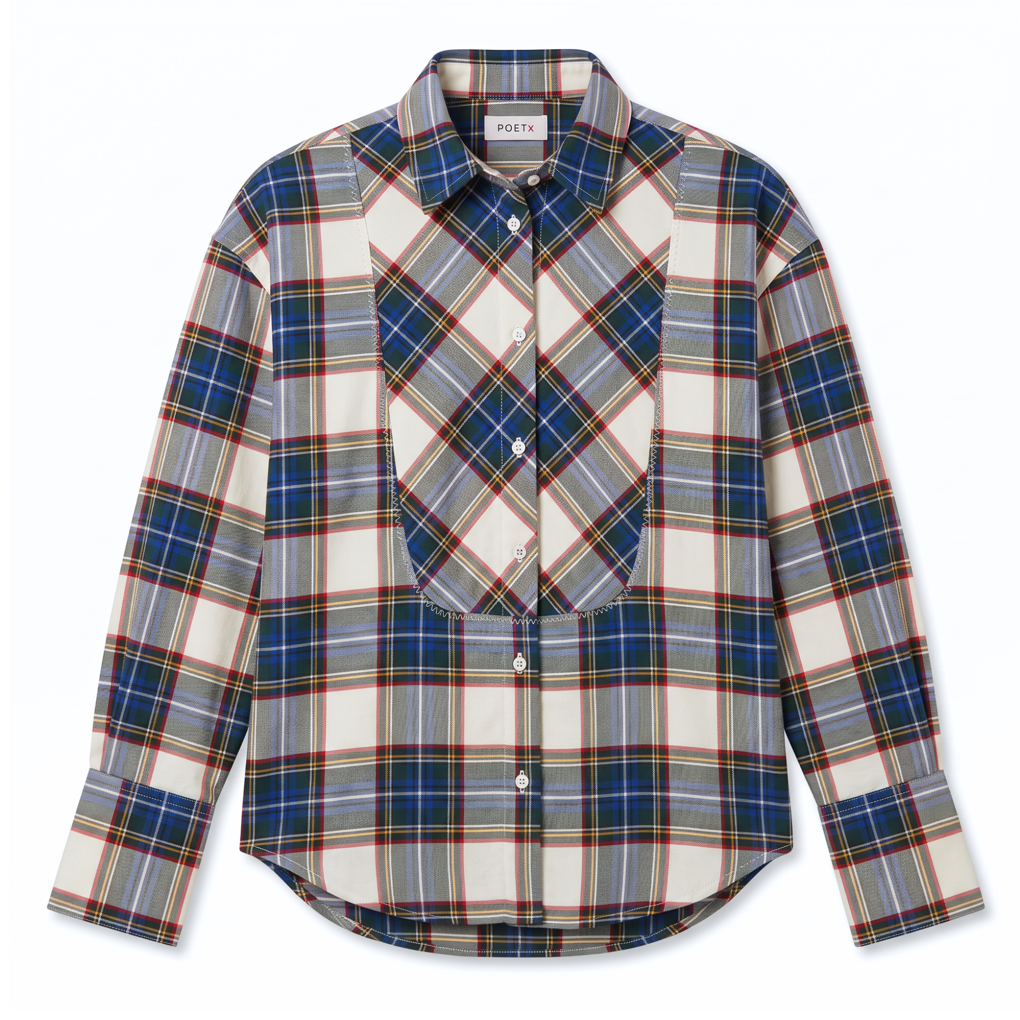POETx brushed twill tuxedo shirt in cream, royal blue, red and yellow plaid.