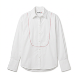 POETx cotton poplin zigzag tuxedo shirt in white with red stitching.