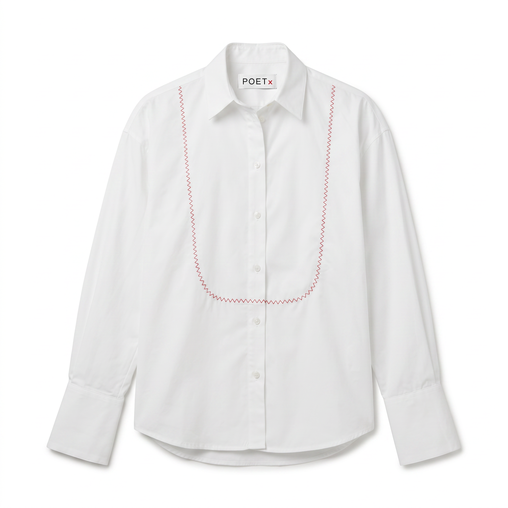 POETx cotton poplin zigzag tuxedo shirt in white with red stitching.
