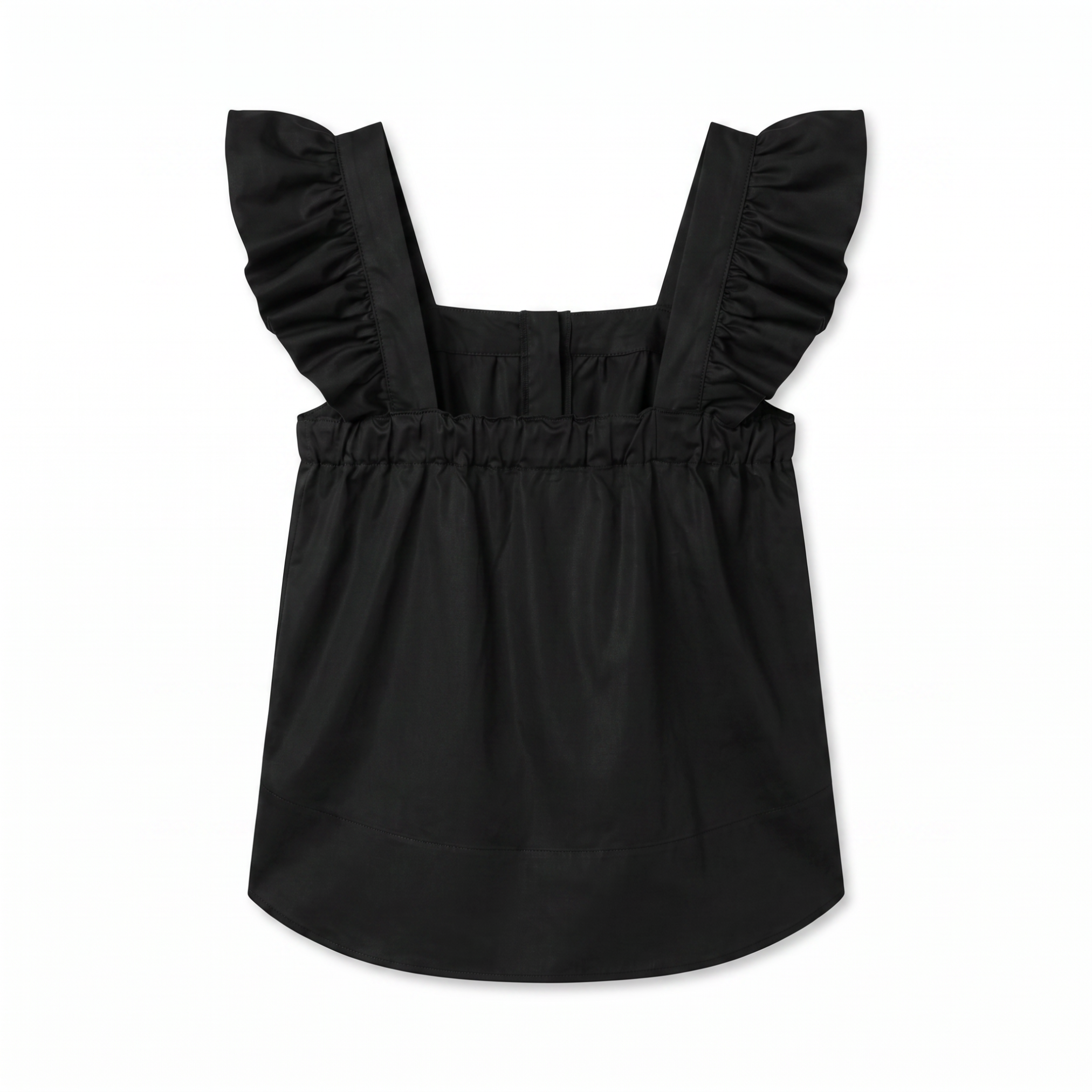 POETx Cotton poplin top with ruffled shoulder straps and an elastic paper bag chest band, back view.