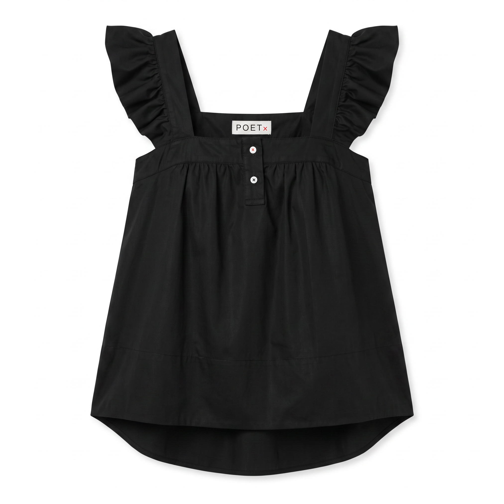 POETx Cotton poplin top with ruffled shoulder straps and an elastic paper bag chest band.