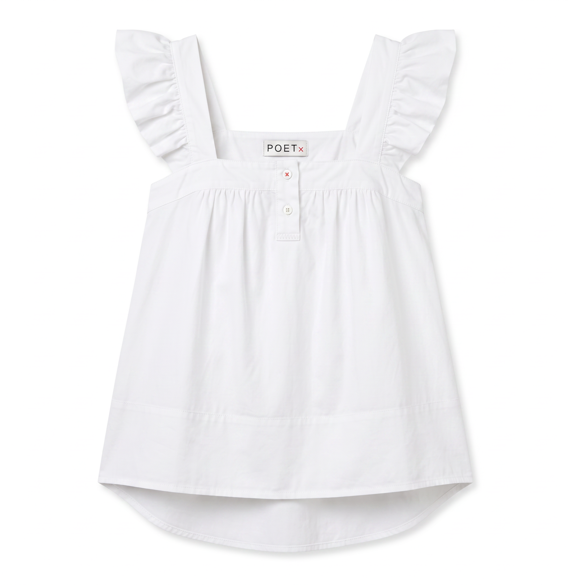 POETx Cotton poplin top with ruffled shoulder straps and an elastic paper bag chest band.