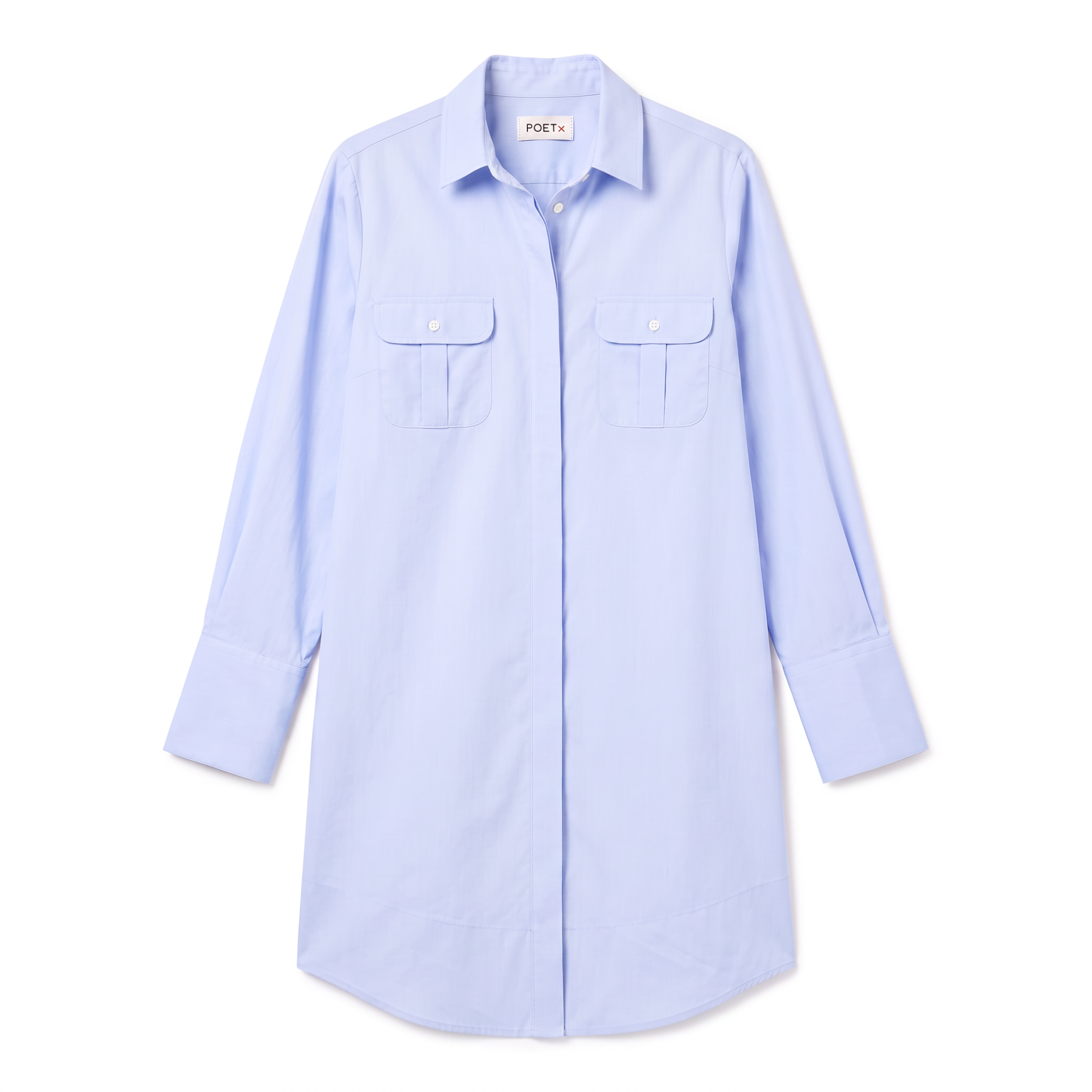 POETx shirt dress with two chest flap pockets and gathered back detail.