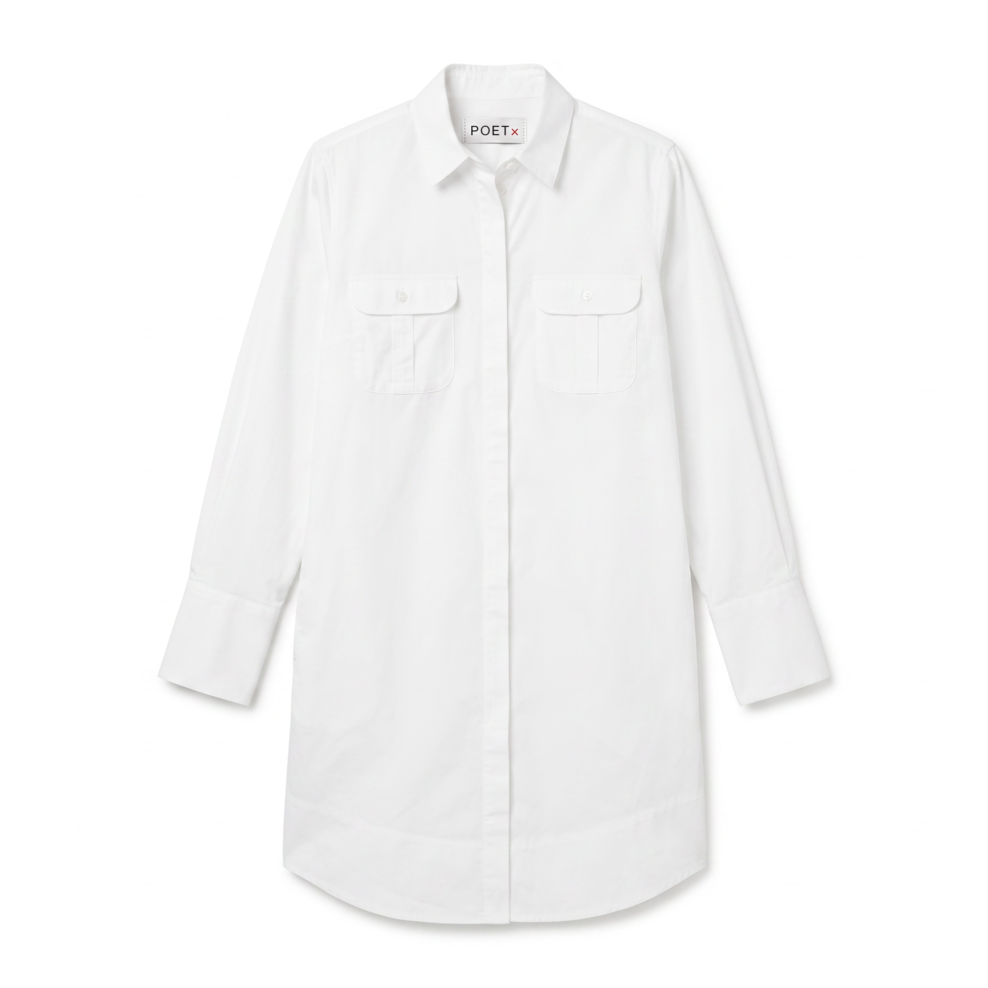 POETx shirt dress with two chest flap pockets and gathered back detail.