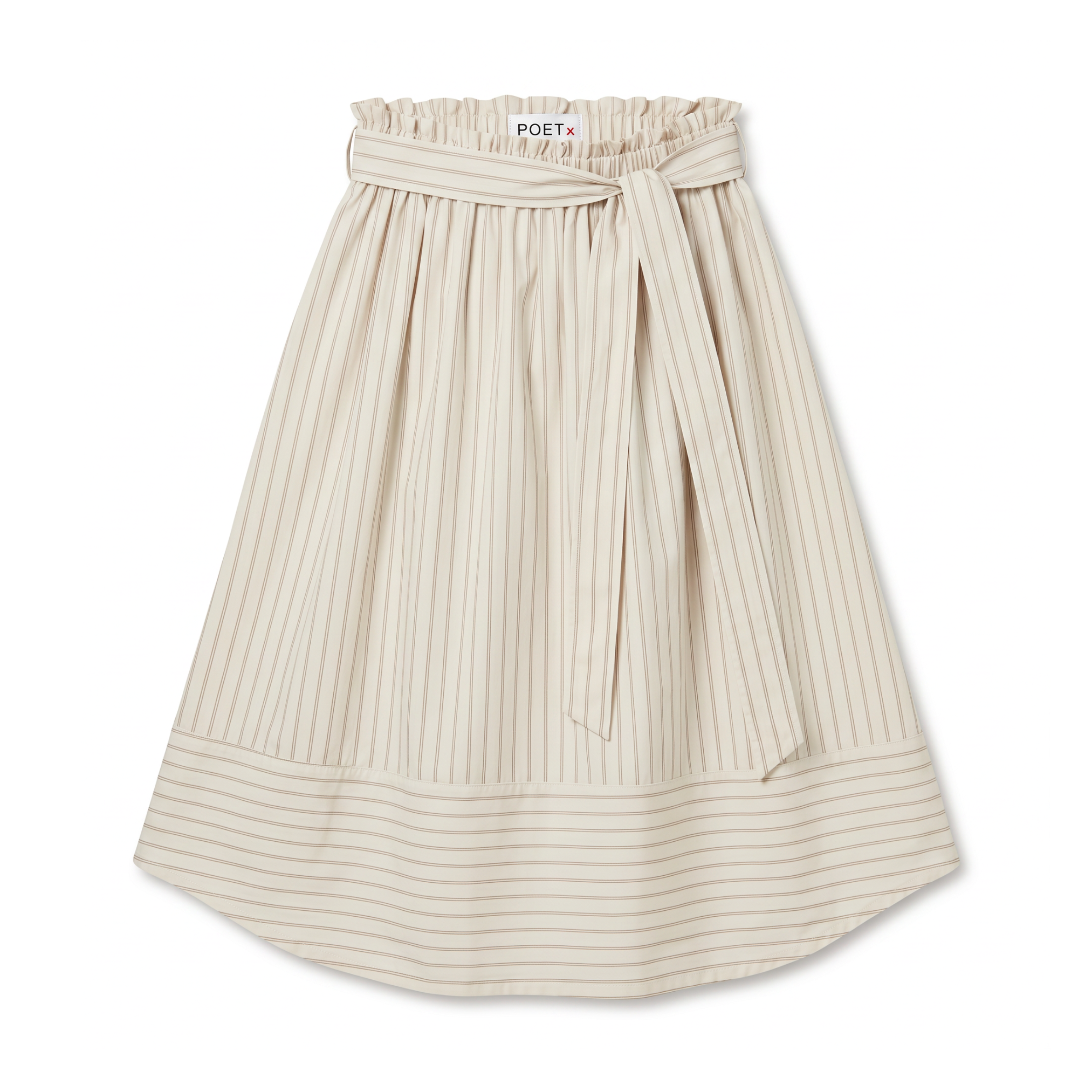 POETx Paper bag skirt in bone stripe cotton poplin with matching tie belt.