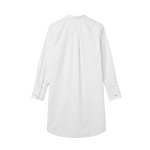 A white long-sleeve button-up tunic dress with a relaxed fit.