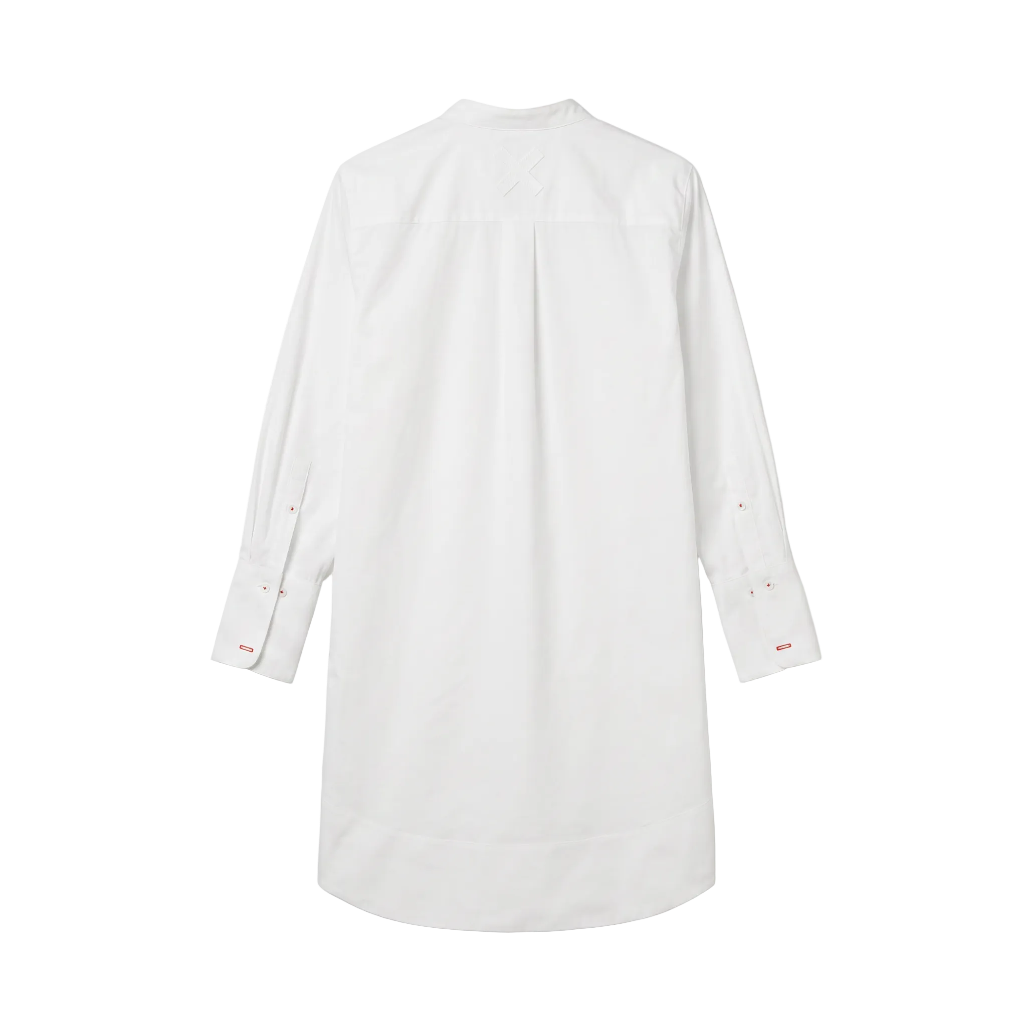 A white long-sleeve button-up tunic dress with a relaxed fit.