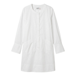 A white long-sleeve button-front tunic dress with a round neckline and front pockets.