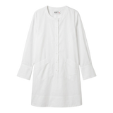 A white long-sleeve button-front tunic dress with a round neckline and front pockets.