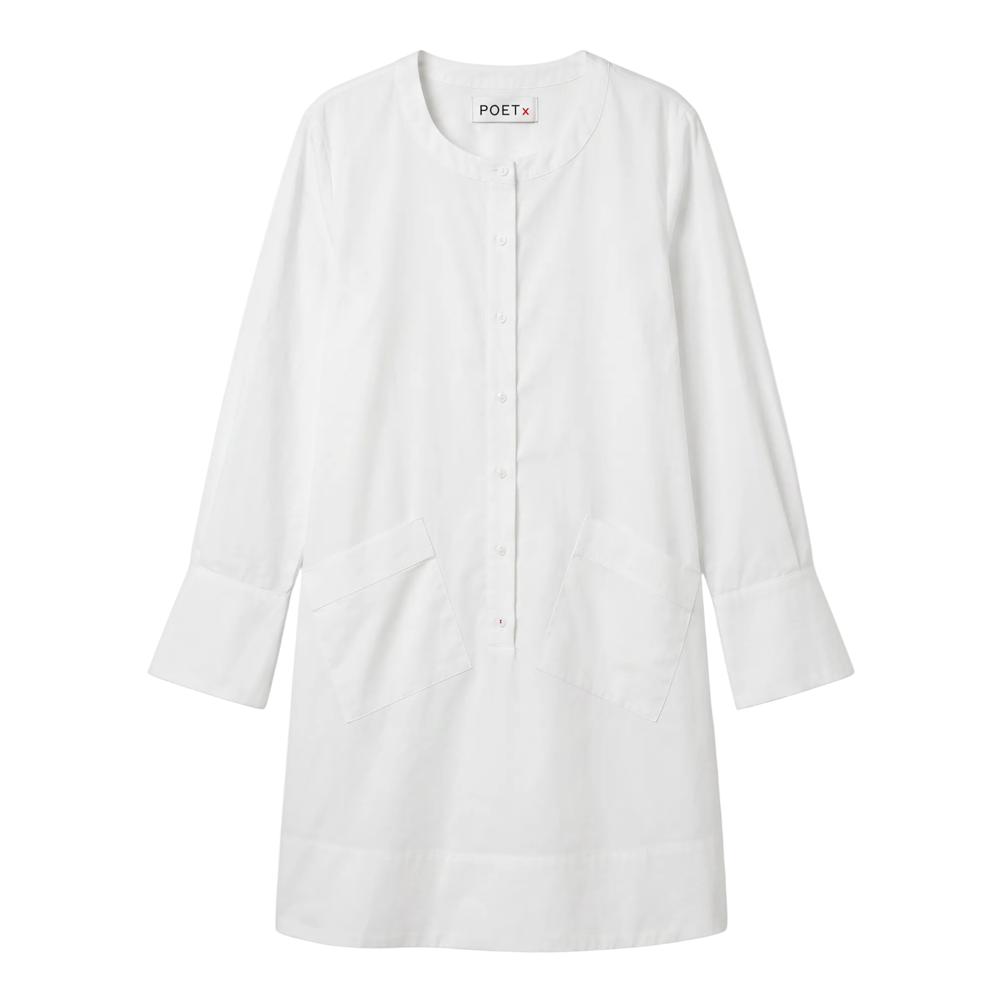 A white long-sleeve button-front tunic dress with a round neckline and front pockets.