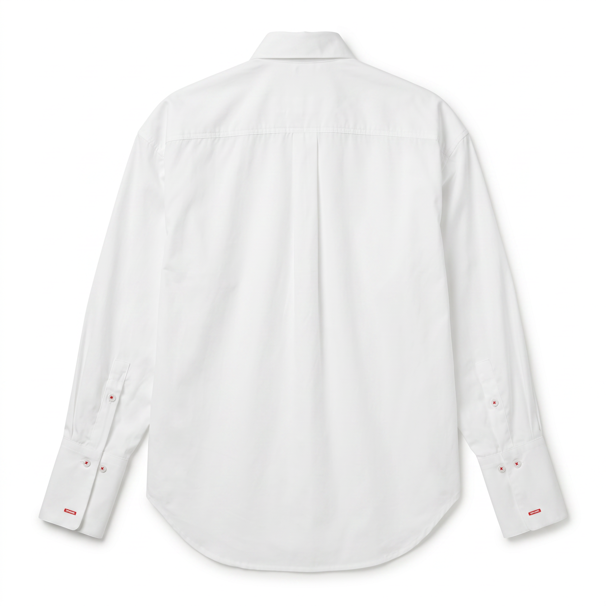 POETx cotton poplin zigzag tuxedo shirt in white with red stitching.
