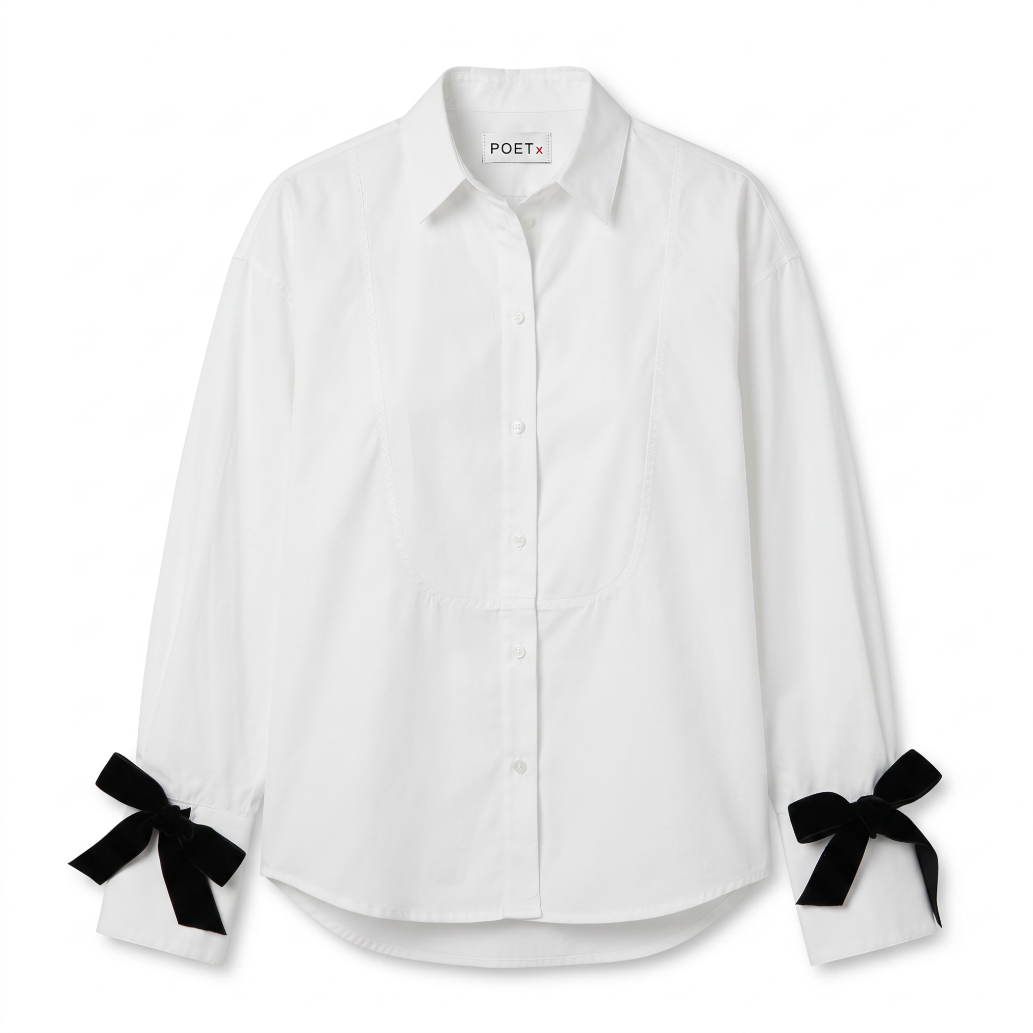 POETx cotton poplin velvet bow tuxedo shirt in white.