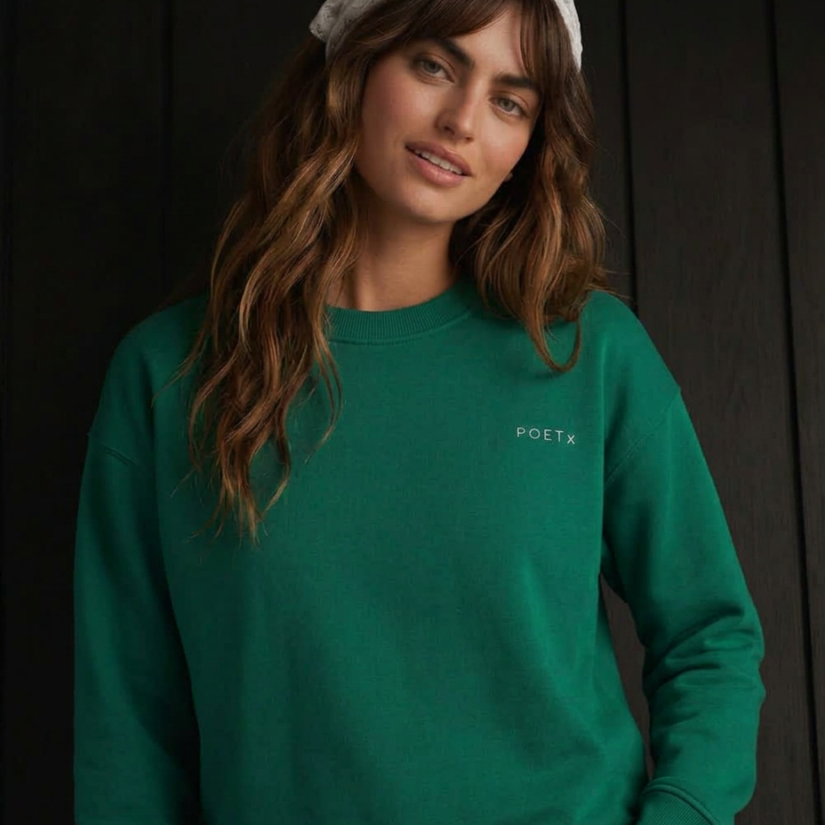 Close-up detail of the Forrest Rilke Zig Zag Sweatshirt in 100% organic cotton.